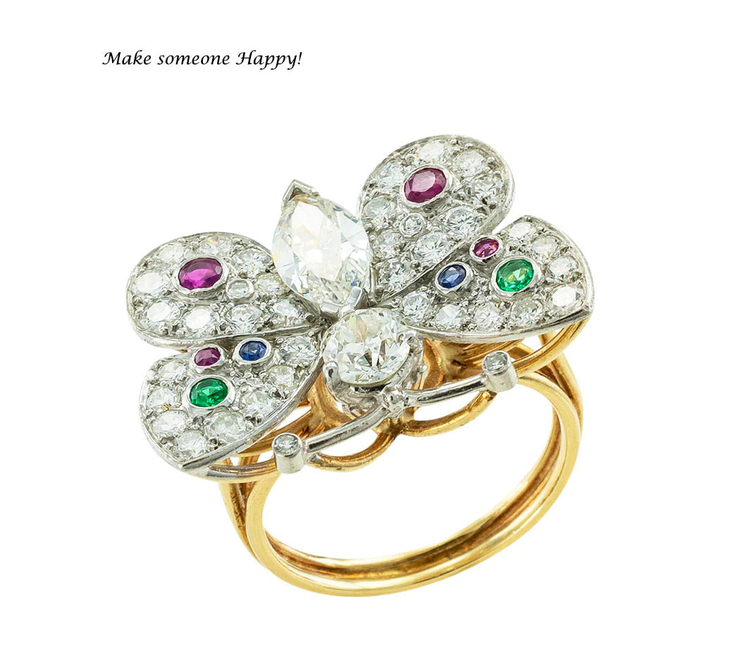 Diamond Emerald Ruby Sapphire Platinum Gold Butterfly Ring
