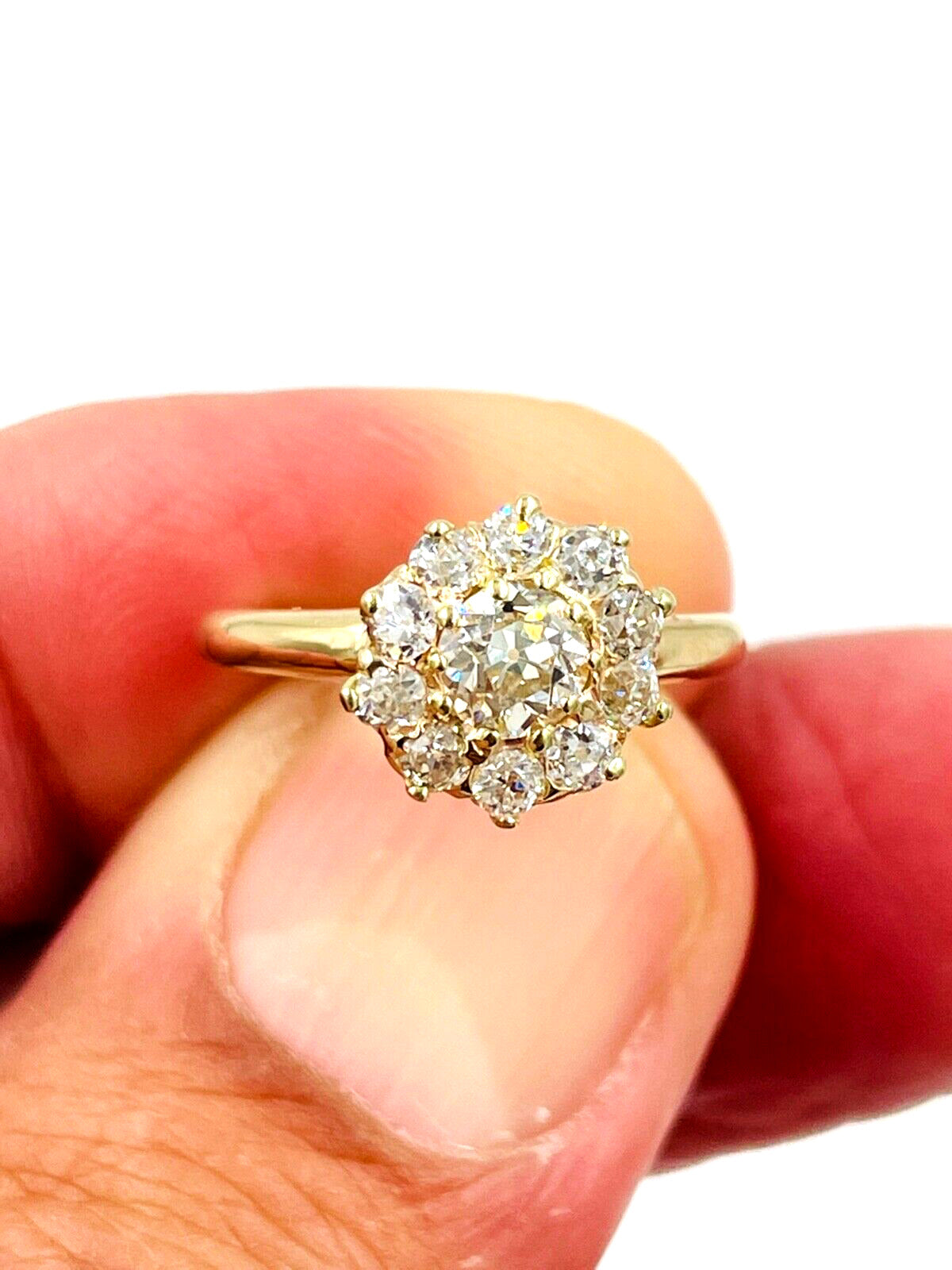 Victorian 14K Gold Diamond Cluster Flower Ring Old European Cut VS
