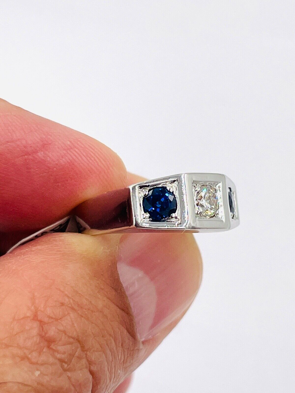 Art Deco Diamond Sapphire White Gold Three Stone Ring