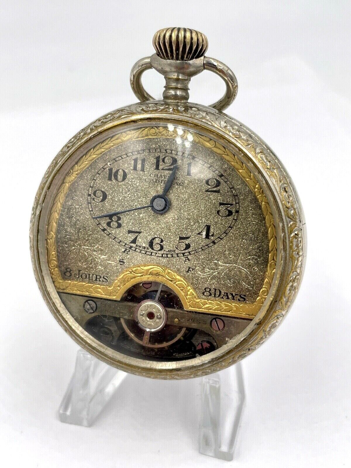 Solomax Chateau Cadillac 8 Day Pocket Watch Openscape Engraved case Rare