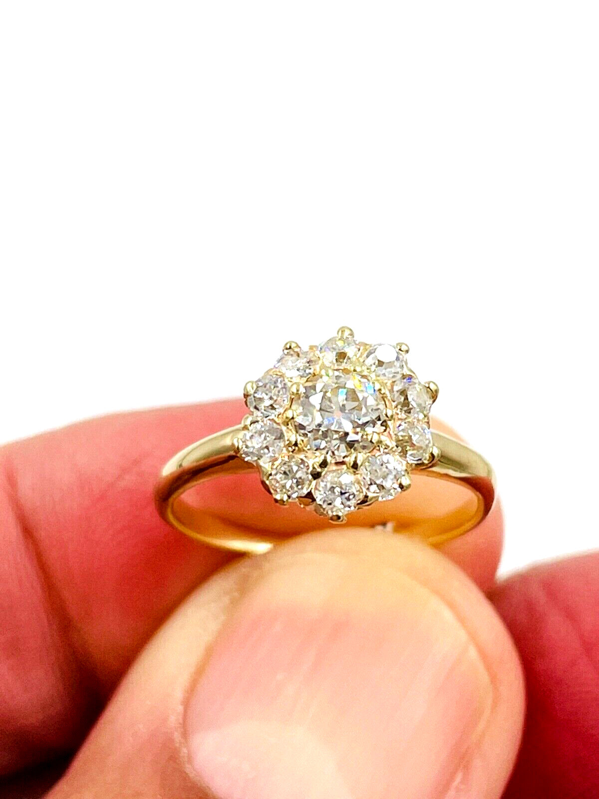 Victorian 14K Gold Diamond Cluster Flower Ring Old European Cut VS
