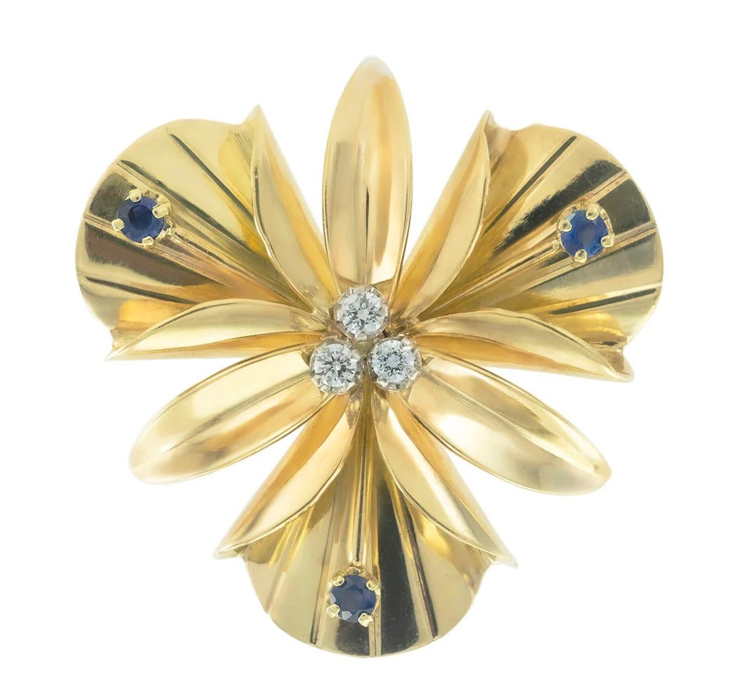 1960's Tiffany & Co. 18K Yellow Gold Pearl Diamond Brooch Pin