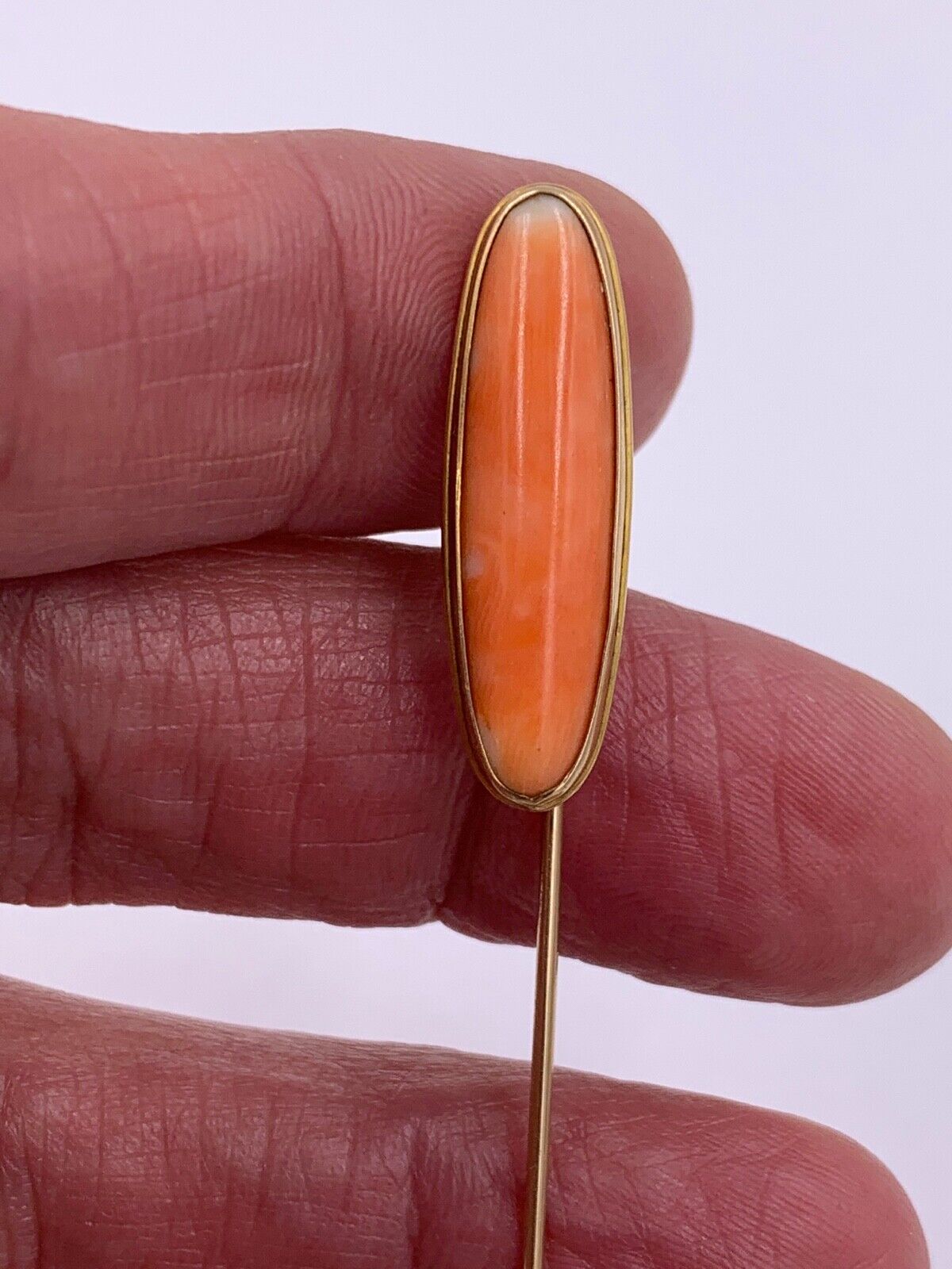 Antique 10K Yellow Gold Salmon Coral Lapel Pin stick hat pin Signed