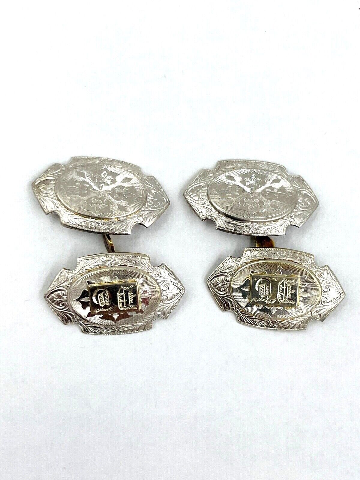 Edwardian Platinum on 14k Yellow Gold Cufflinks hand etched