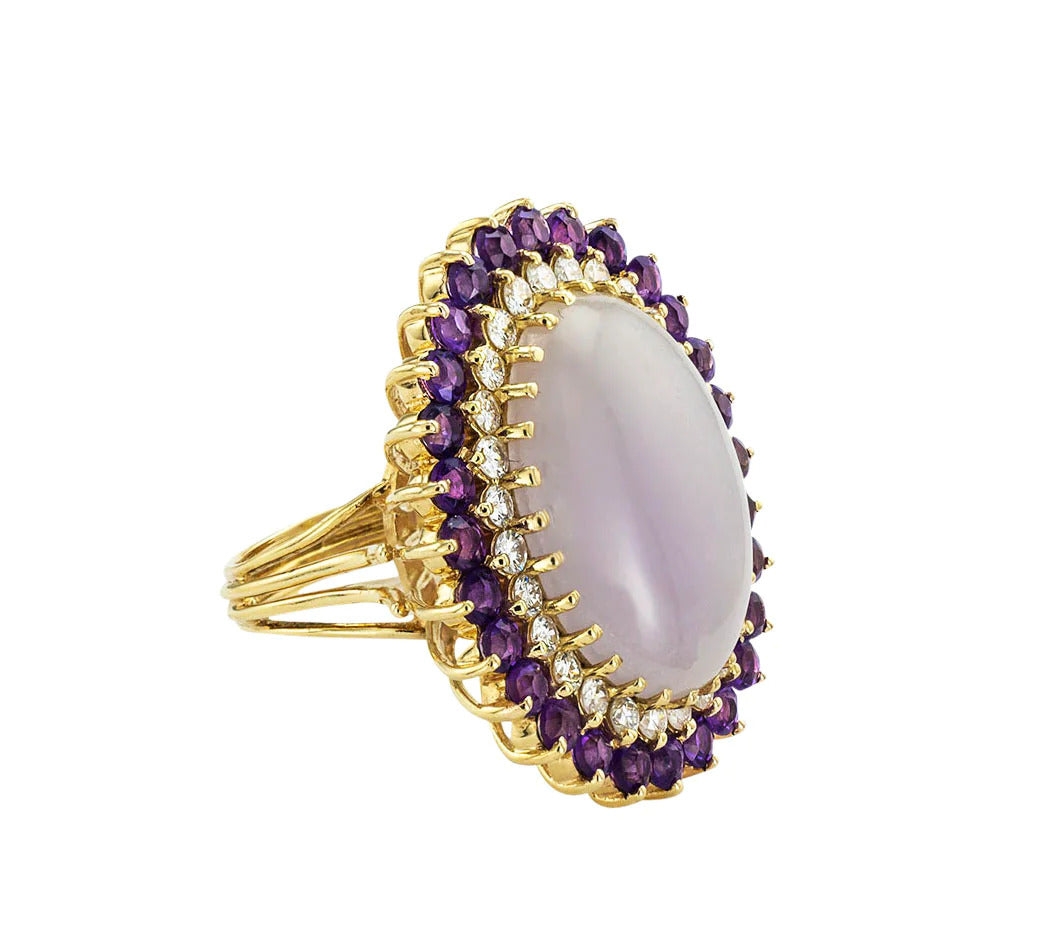 Lavender Jade Amethyst Diamonds 14k Yellow Gold Cocktail Ring