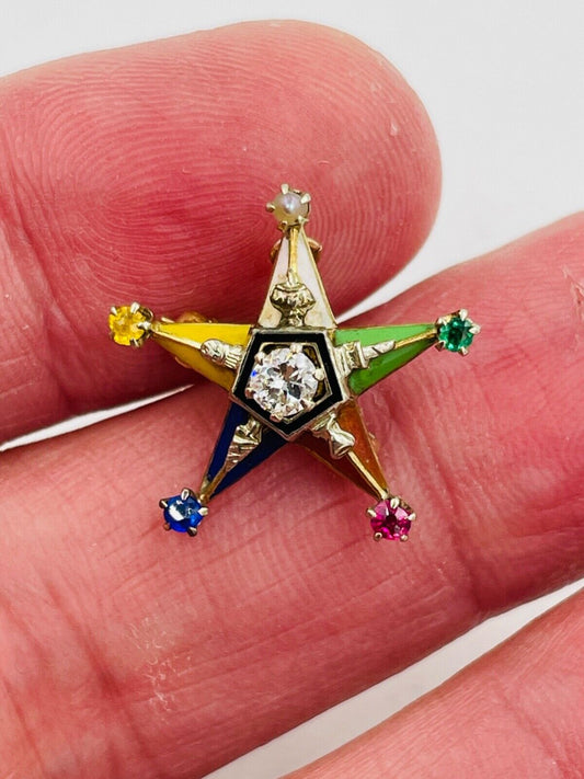 14k gold  Masonic Eastern Star Enamel Diamond Pin Pendant combo