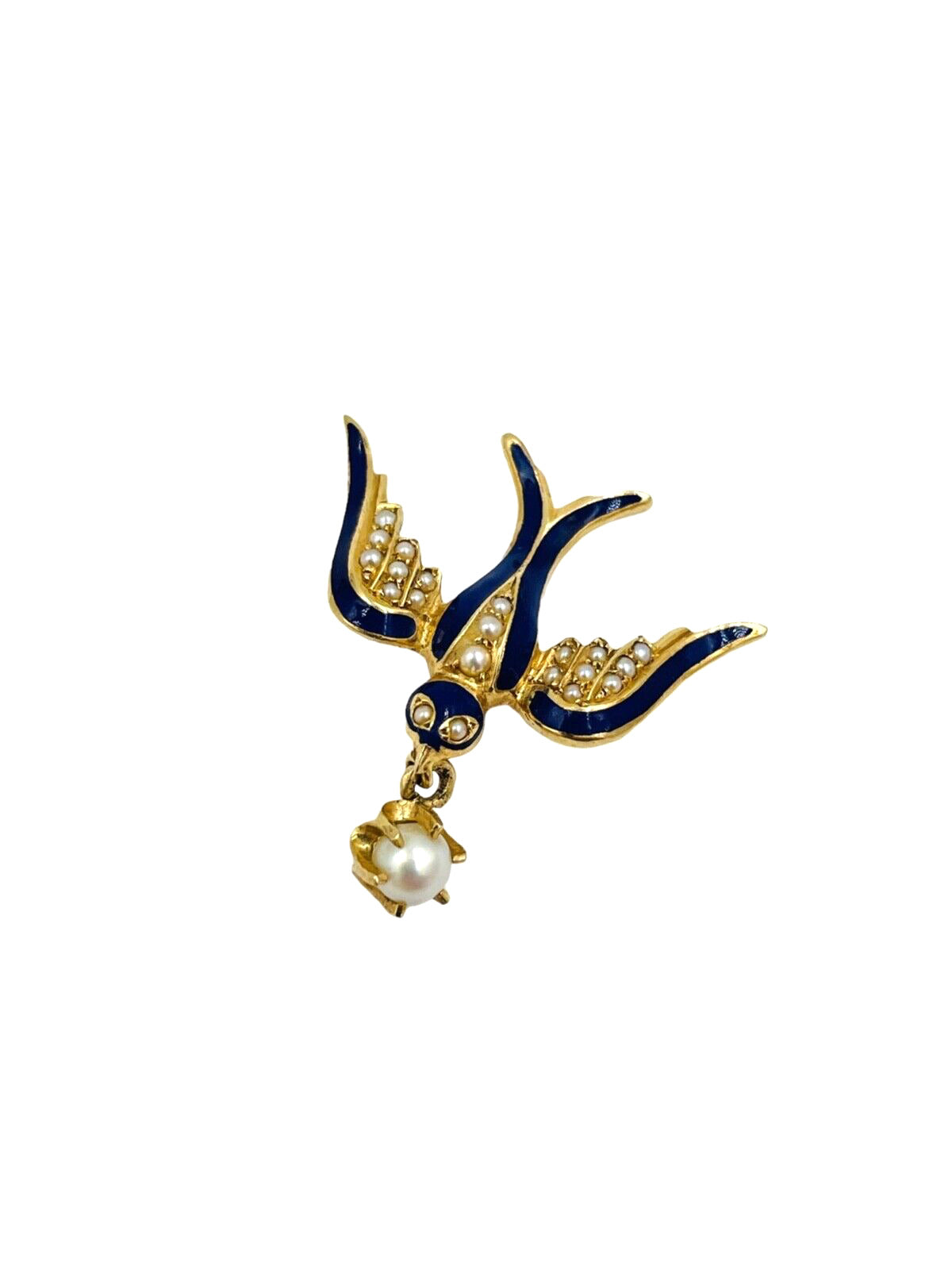 Exquisite Vintage 14K Gold enamel Flying Bird Brooch with Pearl Drop