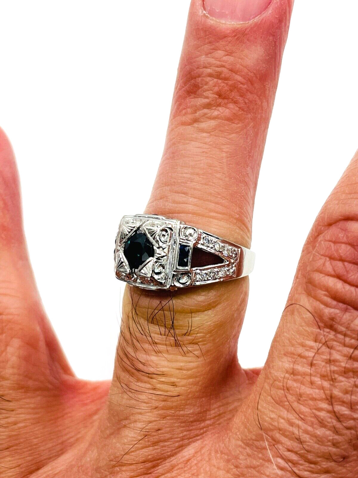 Vintage Platinum Sapphire Diamond Hand etches Ring