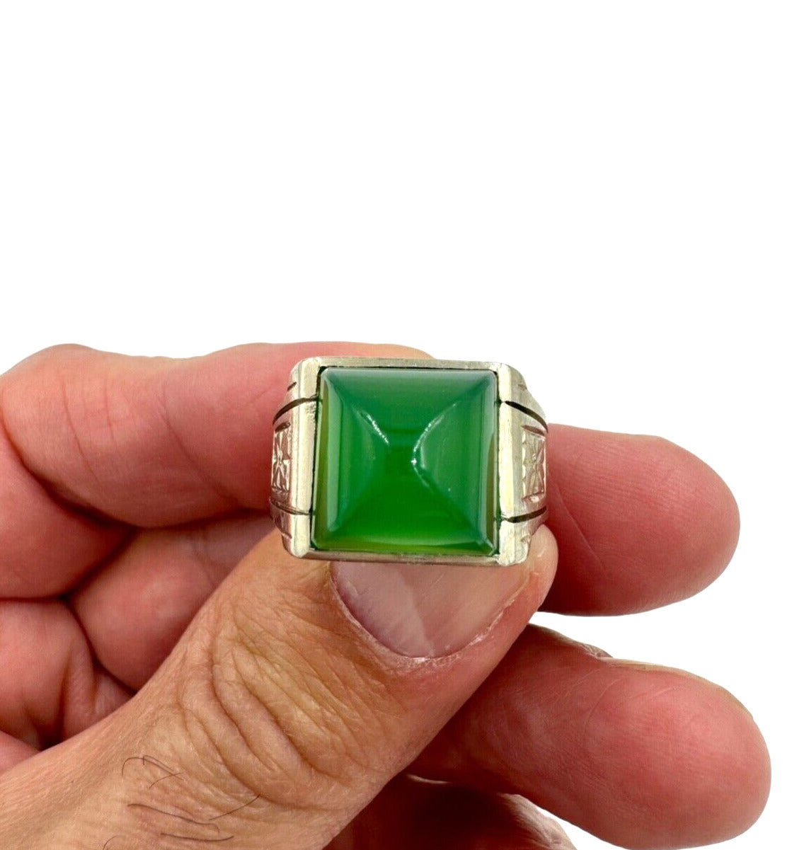 Art Deco 14k White Gold Green Sugerloaf Onyx Men's Ring