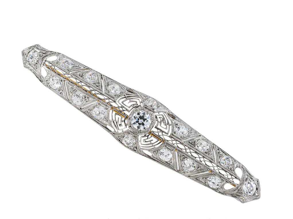 Edwardian Diamond Filigree Platinum Bar Brooch