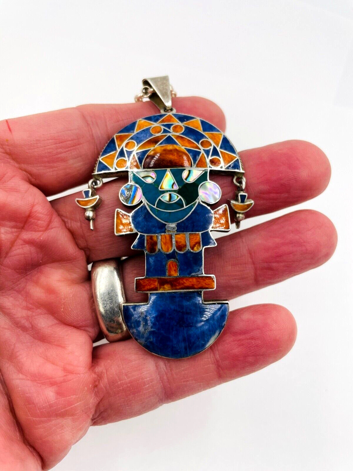 Vintage Peruvian Inca Tumi God Knife Pin Pendant Necklace 950 Silver