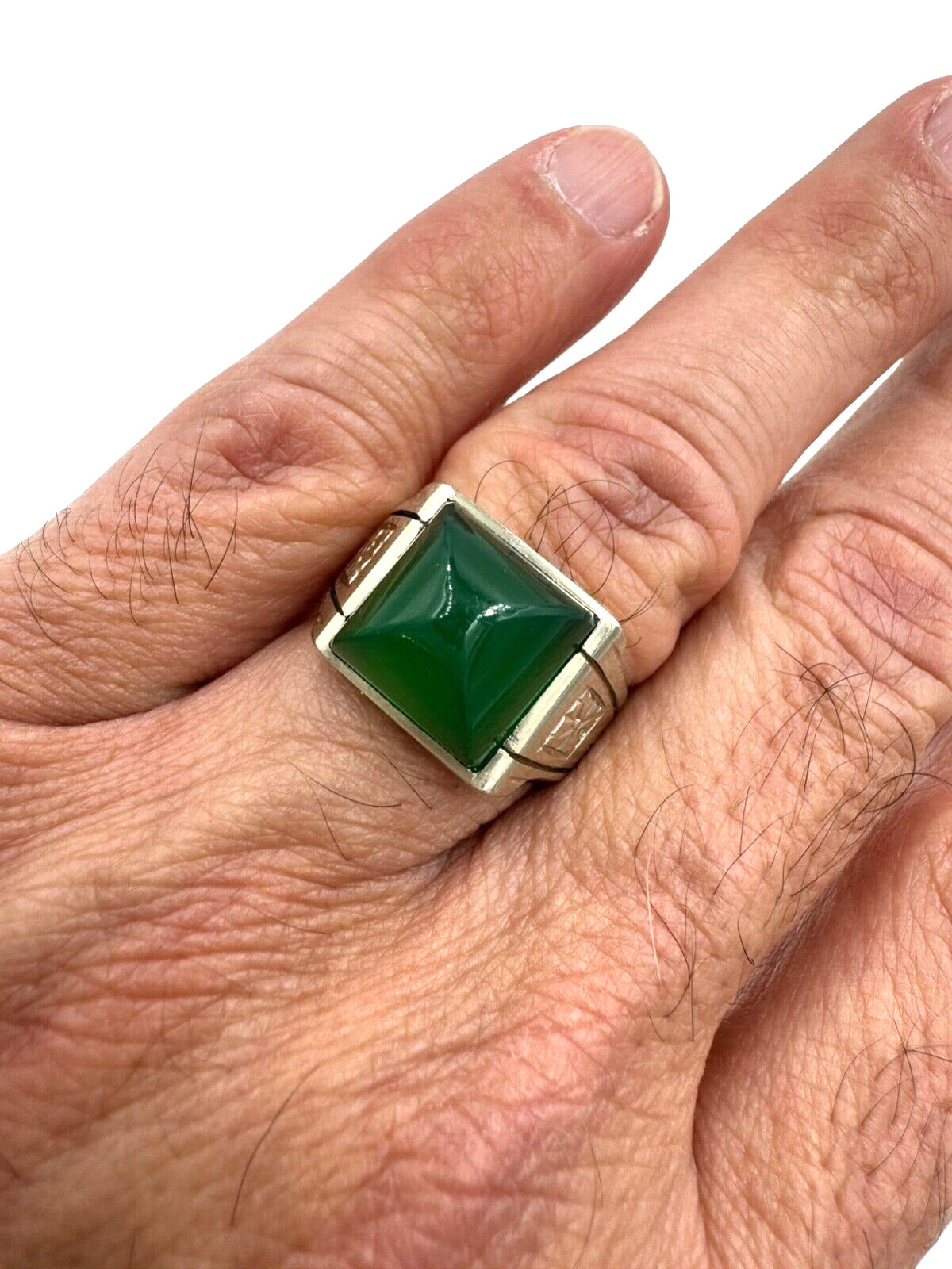 Art Deco 14k White Gold Green Sugerloaf Onyx Men's Ring
