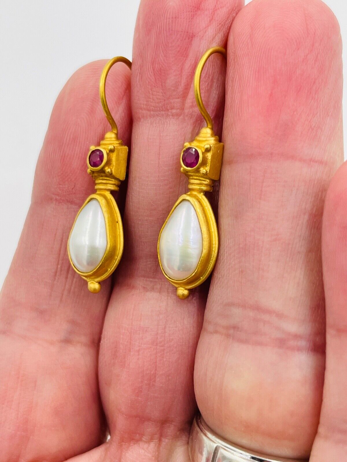 Greece 18k Yellow Gold Ruby and Pearl Etruscan Style Earrings