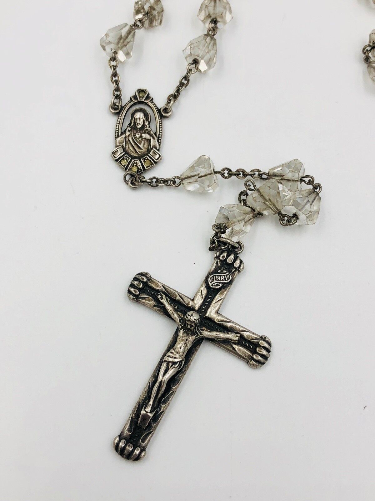 Antique Sterling Silver Religious Catholic Faceted Crystal Glass Bead Rosary