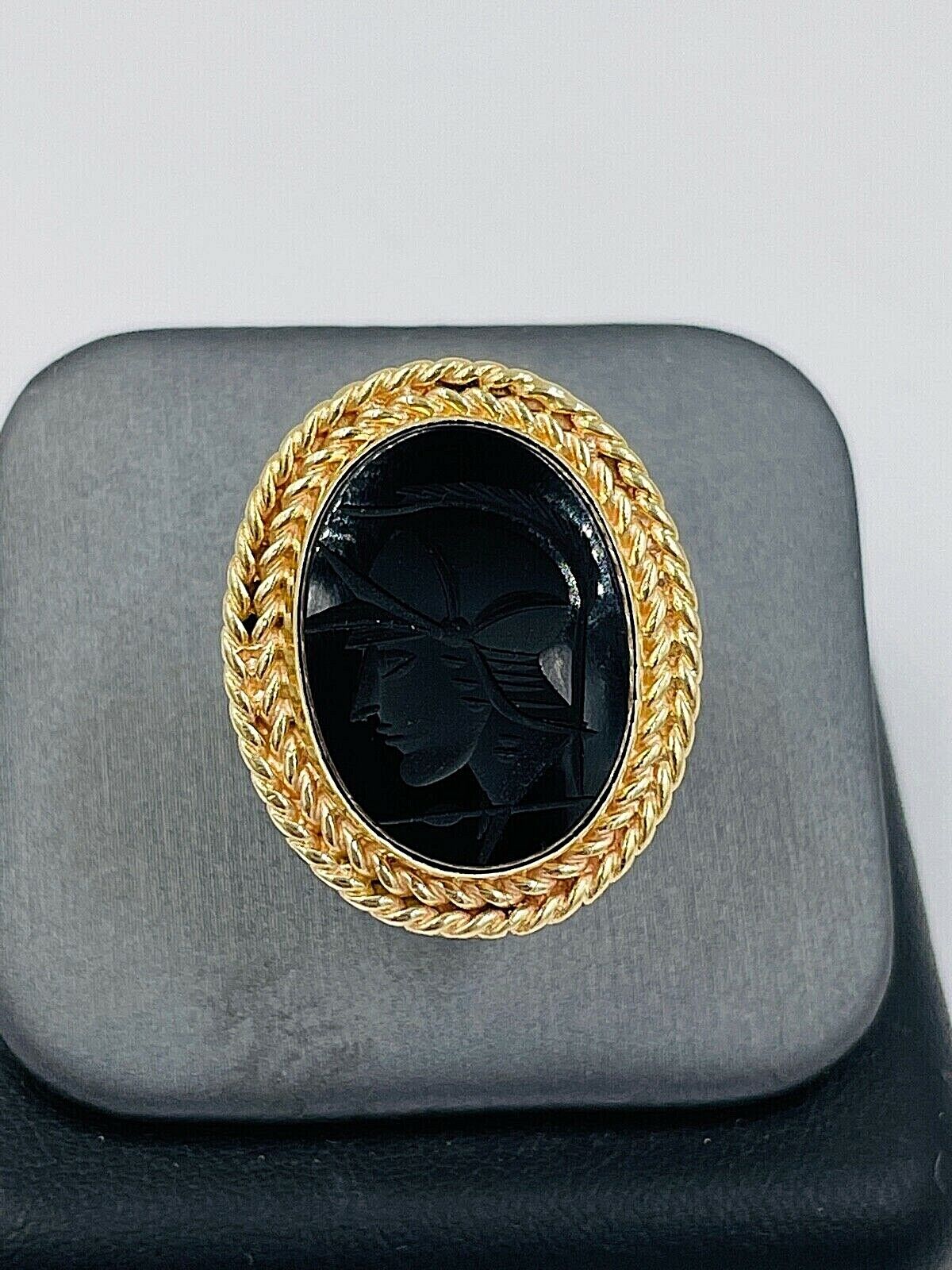 14k Gold Intaglio Ring Roman Soldier Black Onyx Sz 4.5 Vintage