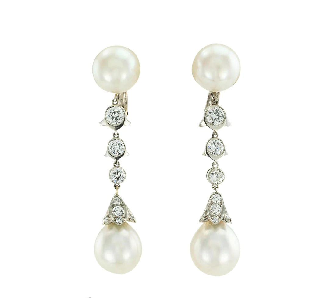 Cartier South Sea Pearl Diamond Platinum Drop Earrings