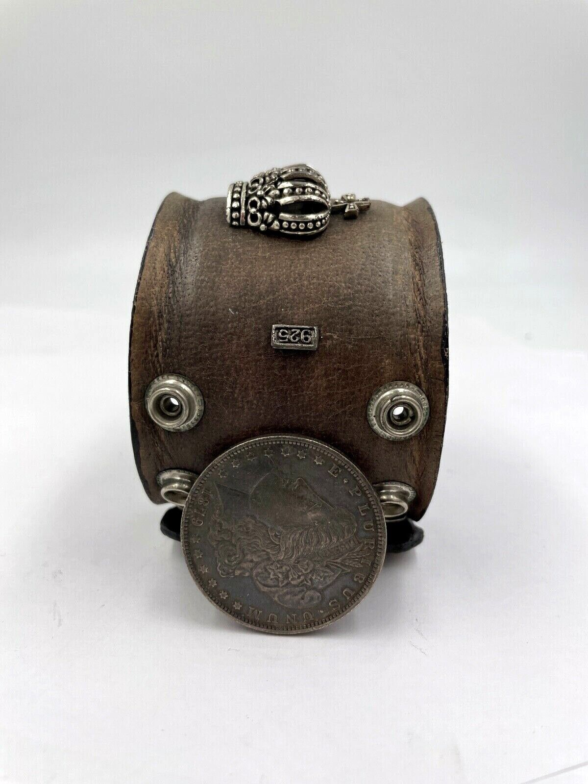 Royalty Collection Sterling Silver Crown Brown Leather Bracelet Strap