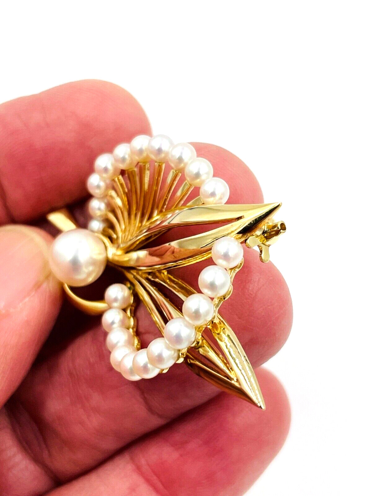 Mikimoto Yellow Gold Pearl Brooch Pin Mid Century