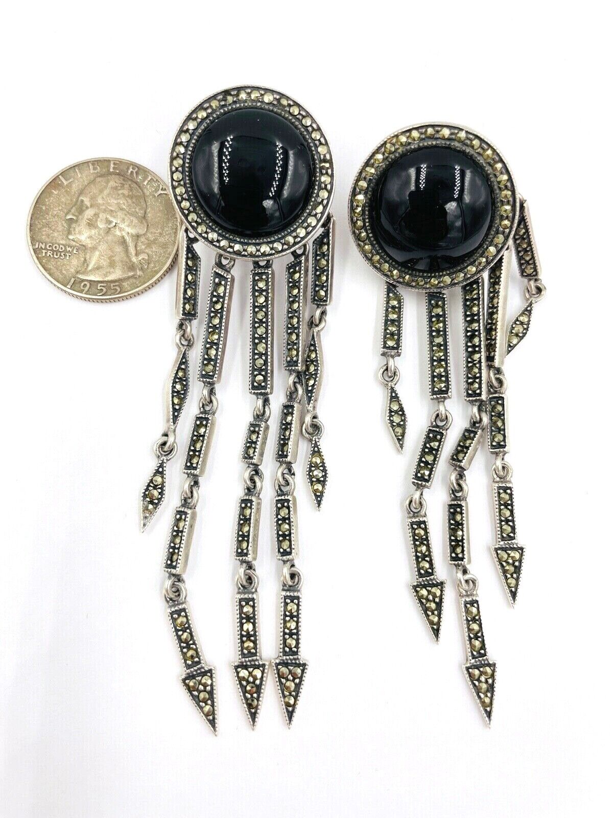 Judith Jack Sterling Silver marcasite onyx dangle earrings 3 1/2"