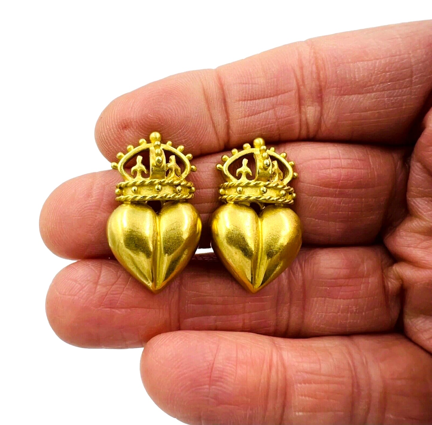 Crown And Heart Clip On Yellow Gold Earrings