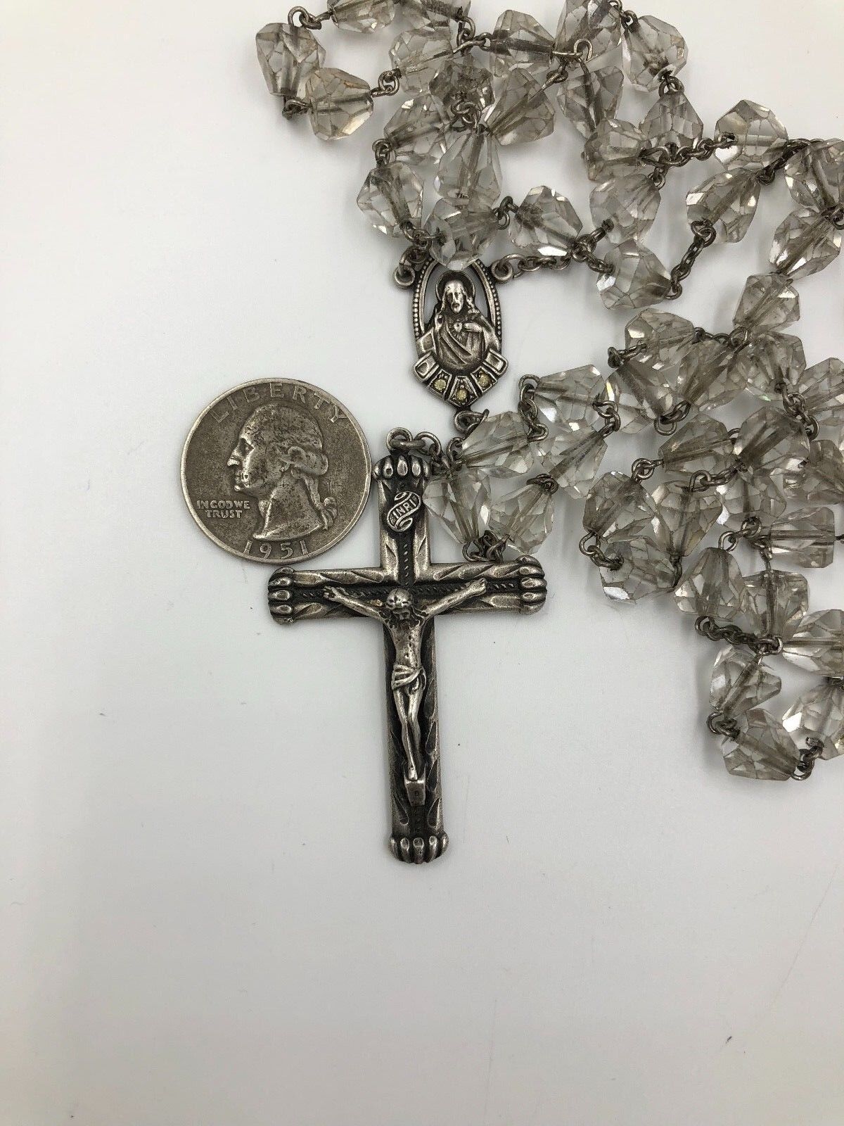 Antique Sterling Silver Religious Catholic Faceted Crystal Glass Bead Rosary