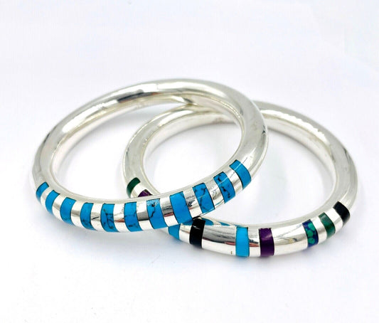 Vintage Taxco Sterling Silver Stackable Bangle Bracelets 925 set of 2 inlay