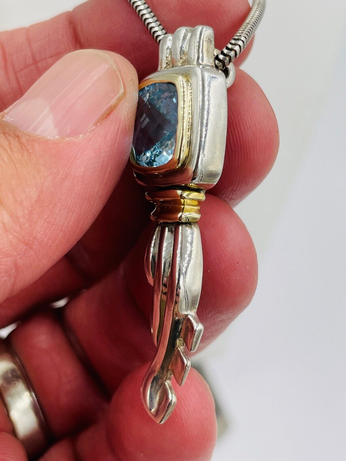 NOS Rigoberto Sterling & 14K Yellow Gold Blue Topaz Pendant Necklace 16"