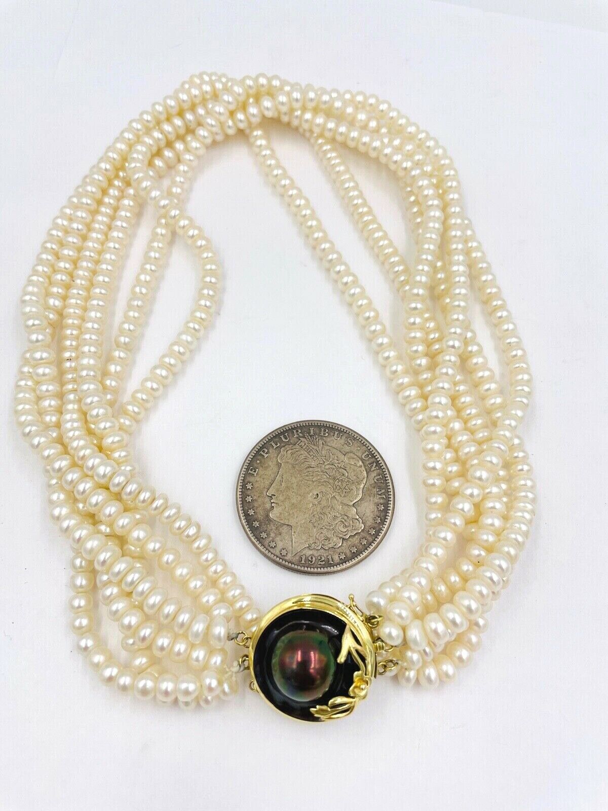 14k gold Multi Strand Pearl Choker Necklace large blister pearl clasp 16"
