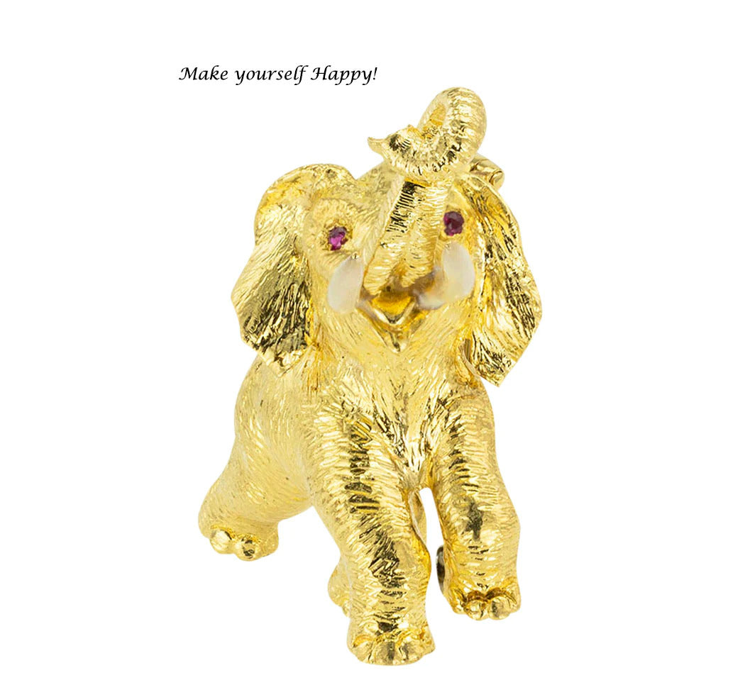 Ruby Enamel Yellow Gold Elephant Clip Brooch