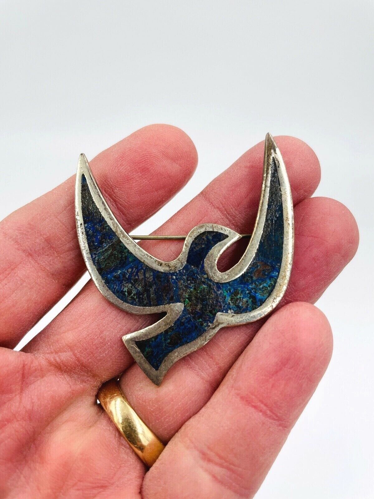 Los Castillo Taxco Mexico Sterling Silver Lapis inlay Bird Brooch Pin