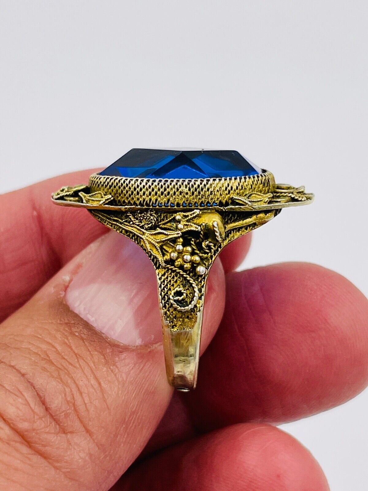 Antique Chinese Sterling Silver Filigree blue stone Ring Size 9 Adjustable