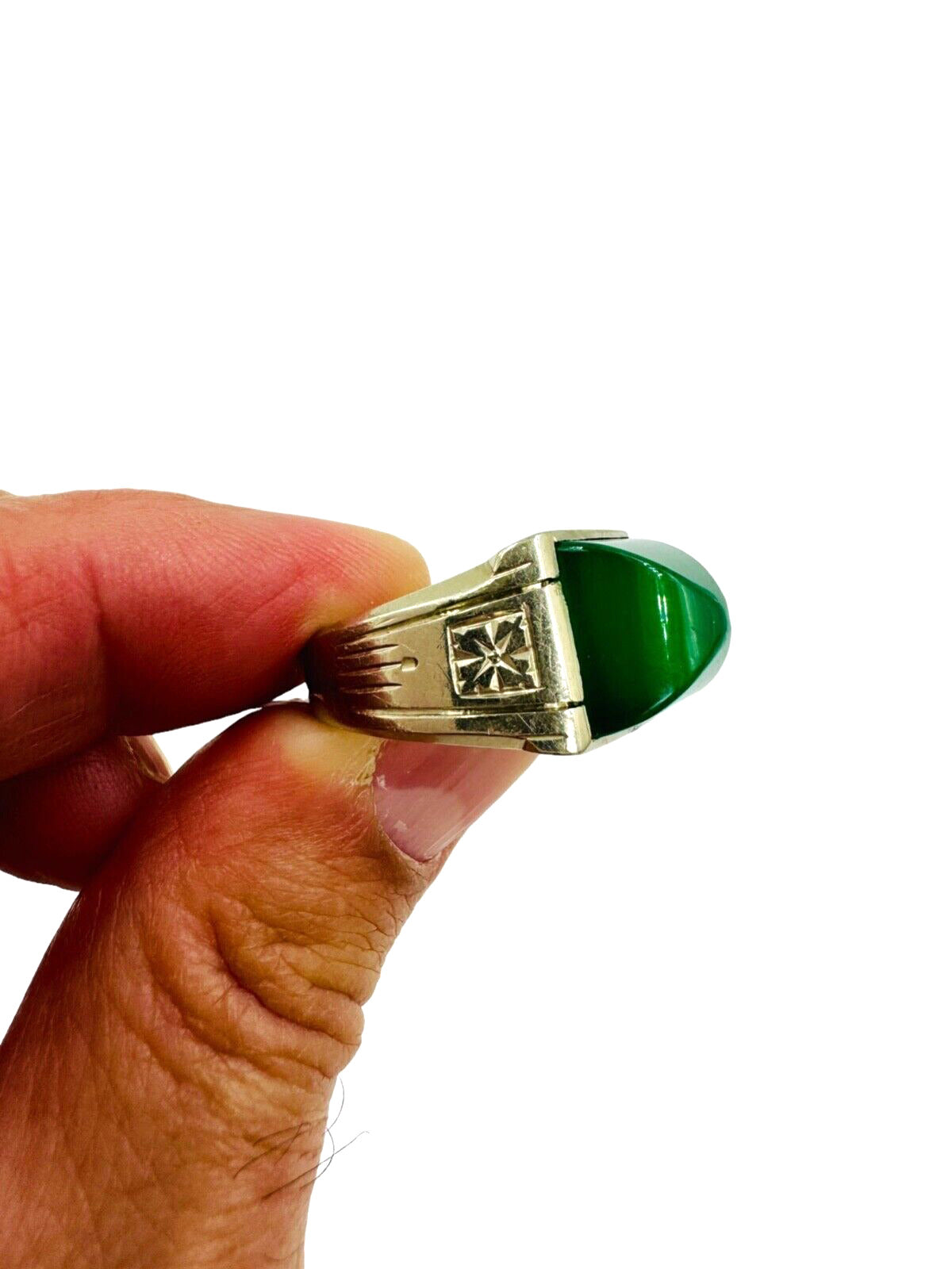 Art Deco 14k White Gold Green Sugerloaf Onyx Men's Ring