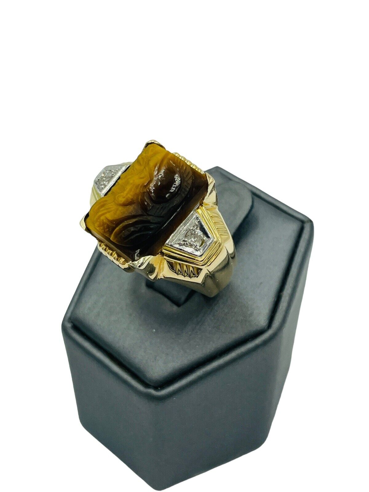 Vintage 18k Yellow Gold Tigers Eye Men's Ring Roman soldier