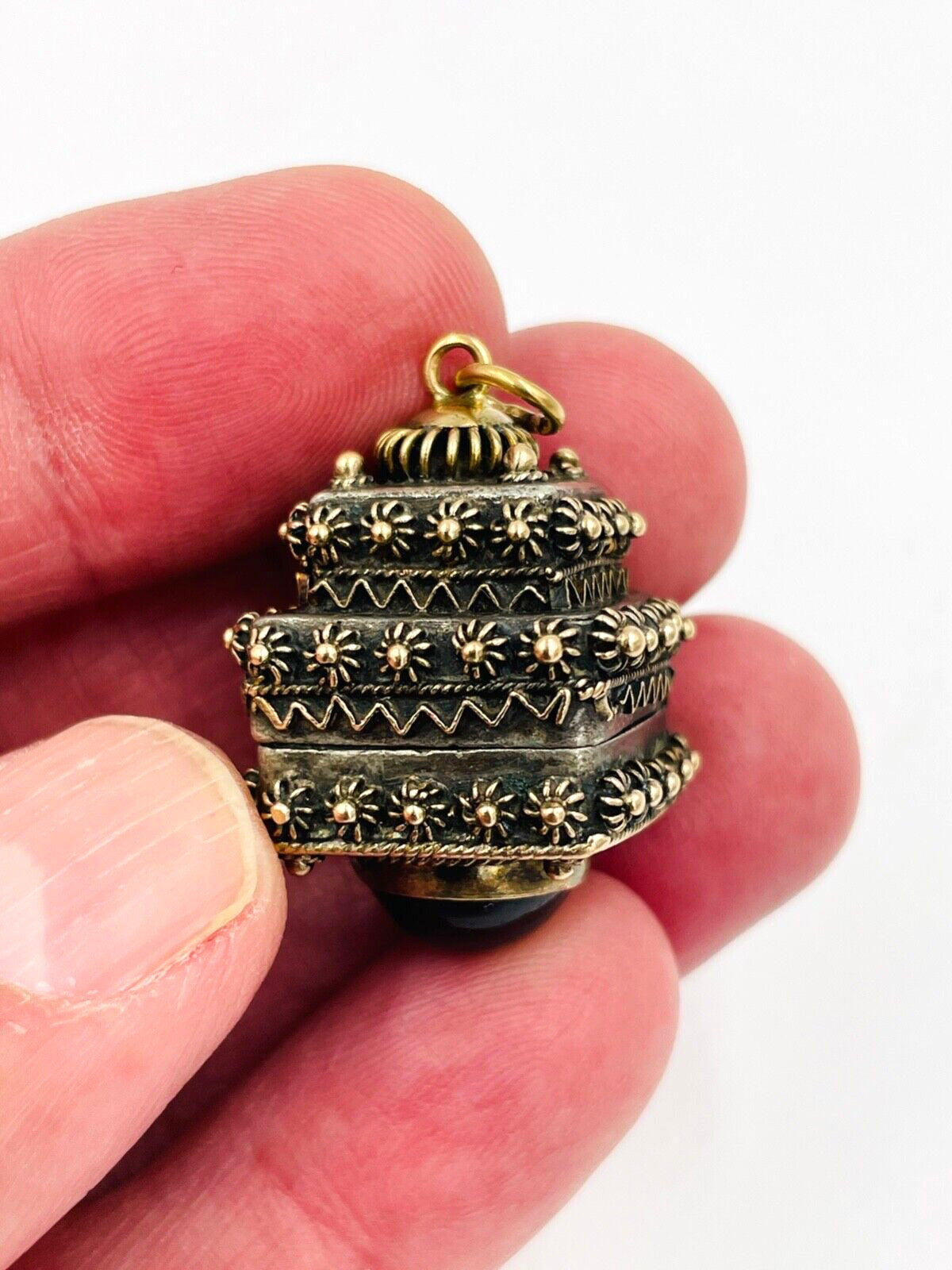 Vintage 800 Silver and Gold Etruscan Poison Box Locket Fob Charm Jeweled