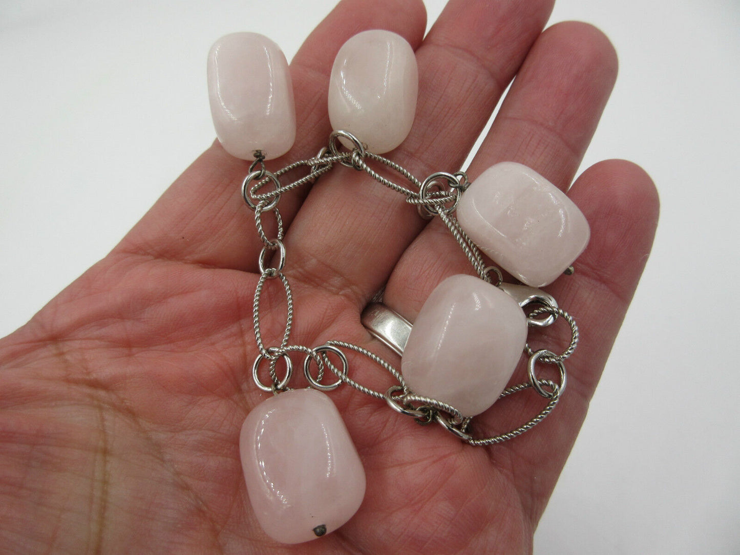 DBJ Designer Signed Rose Quartz Block Sterling Silver Twisted Rope Bracelet NOS