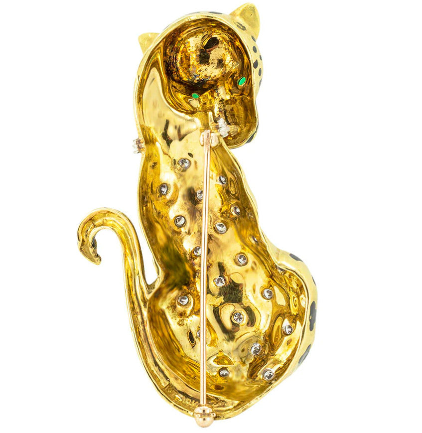 18K Yellow Gold Diamond Emerald Leopard brooch pin