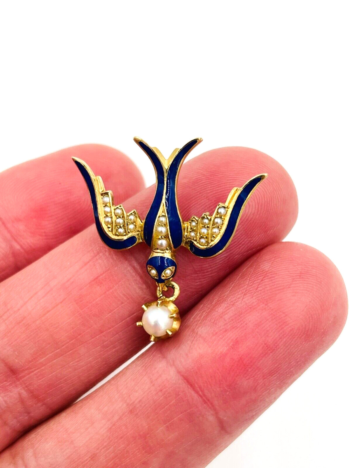 Exquisite Vintage 14K Gold enamel Flying Bird Brooch with Pearl Drop