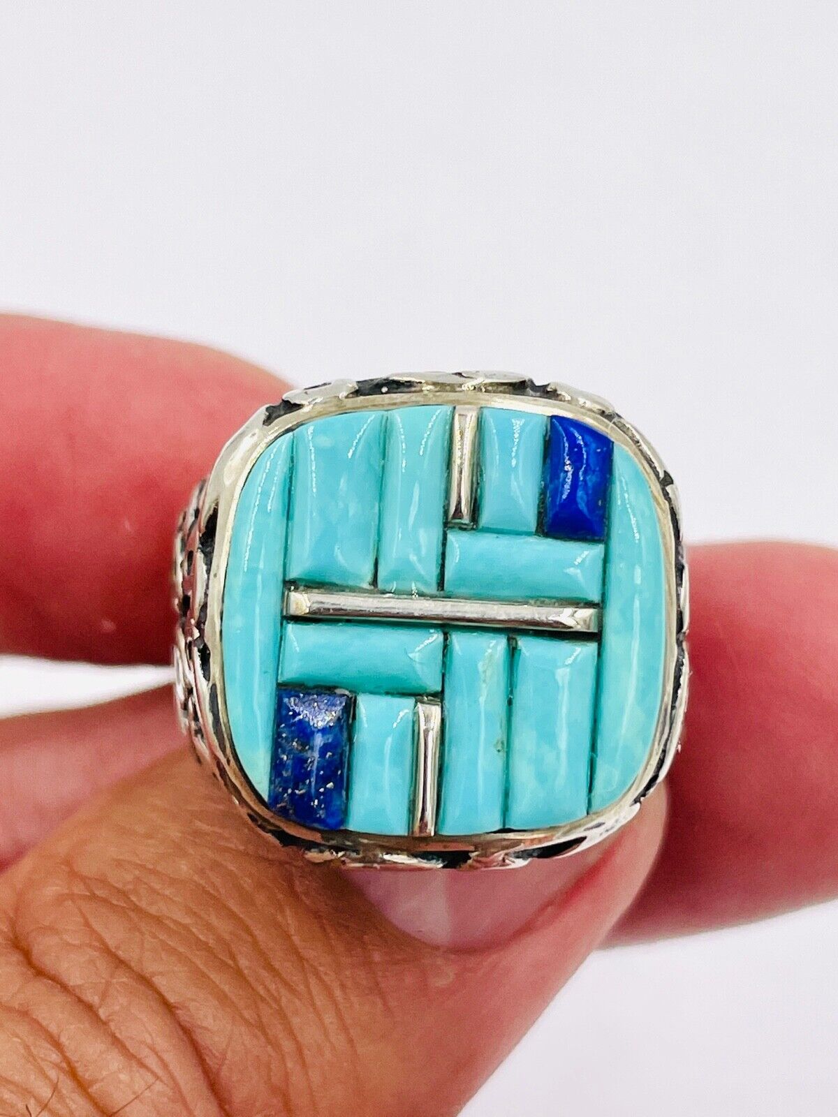 Native American Myra Nastacio Zuni Tribe Sterling Silver Turquois Inlay Ring 69