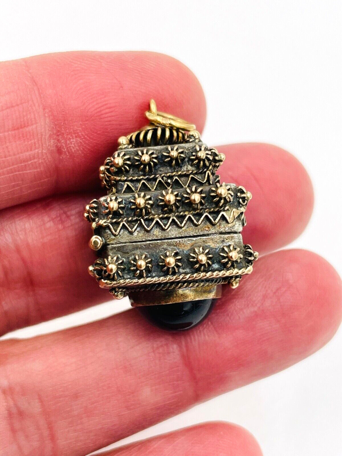 Vintage 800 Silver and Gold Etruscan Poison Box Locket Fob Charm Jeweled