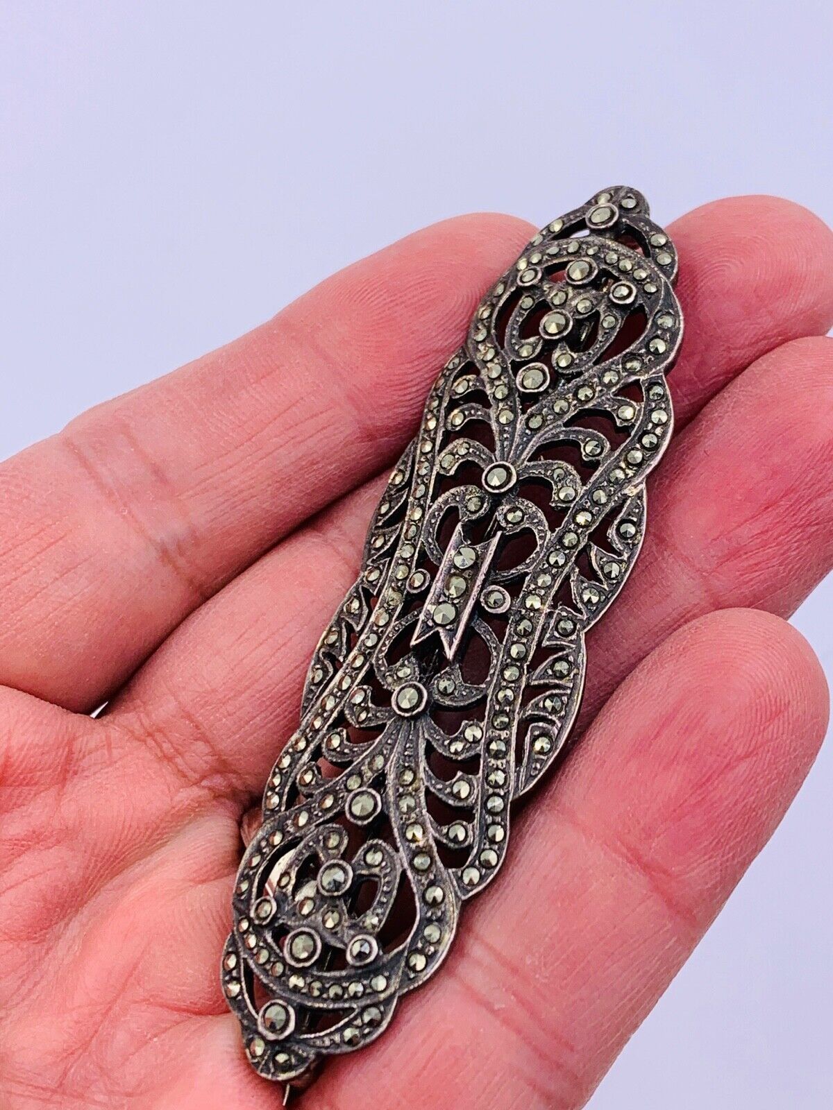 Vintage Art Deco Sterling Silver Marcasite Brooch Pin open work