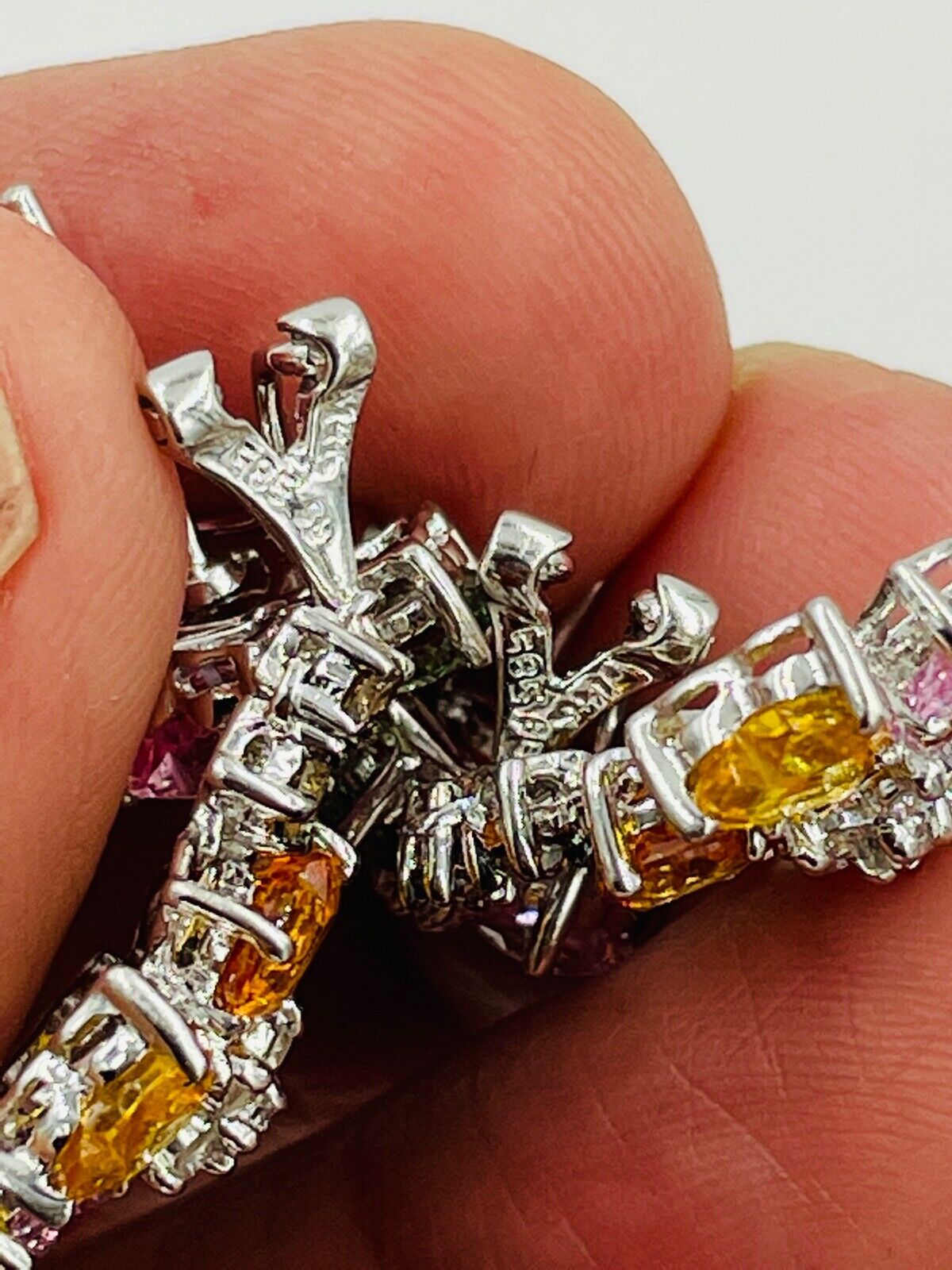 14k white gold Sapphire Diamond flower dangle earrings 8.ct Hearts Sonia Bitton