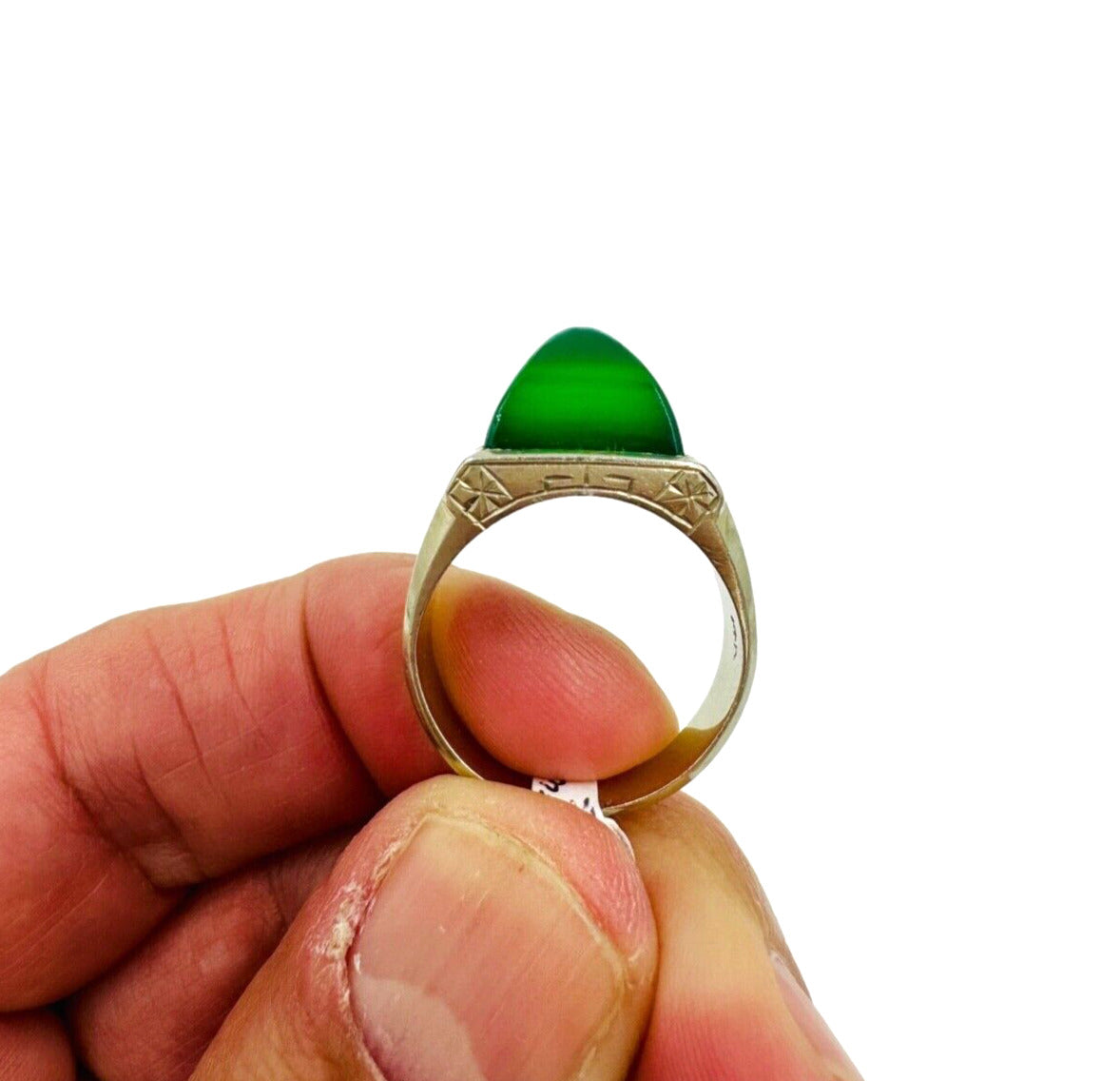 Art Deco 14k White Gold Green Sugerloaf Onyx Men's Ring
