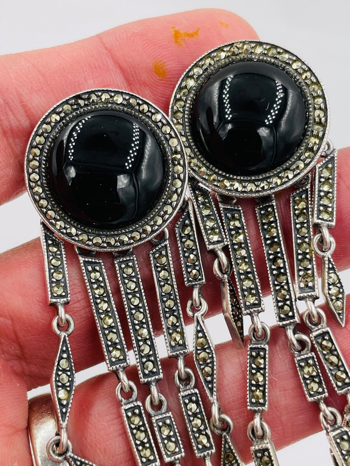 Judith Jack Sterling Silver marcasite onyx dangle earrings 3 1/2"