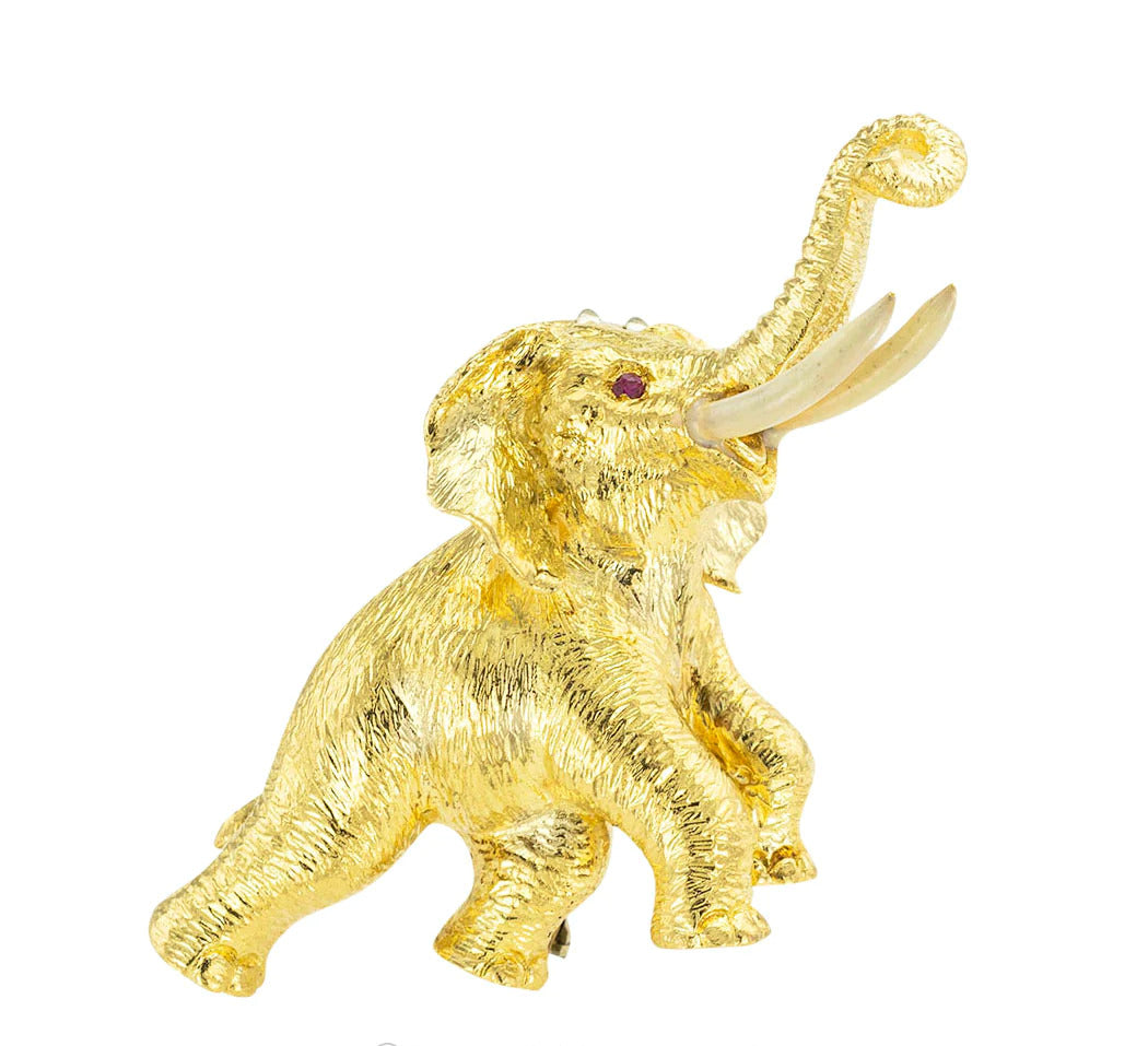 Ruby Enamel Yellow Gold Elephant Clip Brooch