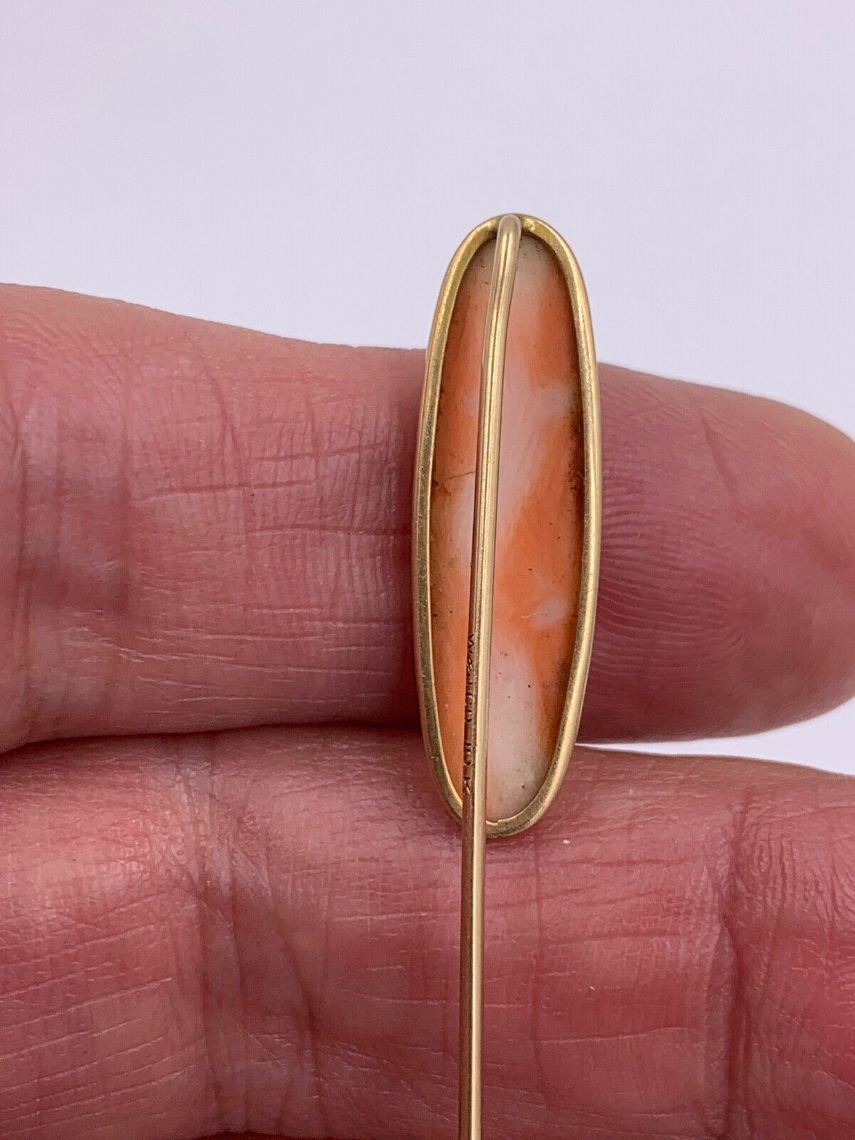 Antique 10K Yellow Gold Salmon Coral Lapel Pin stick hat pin Signed
