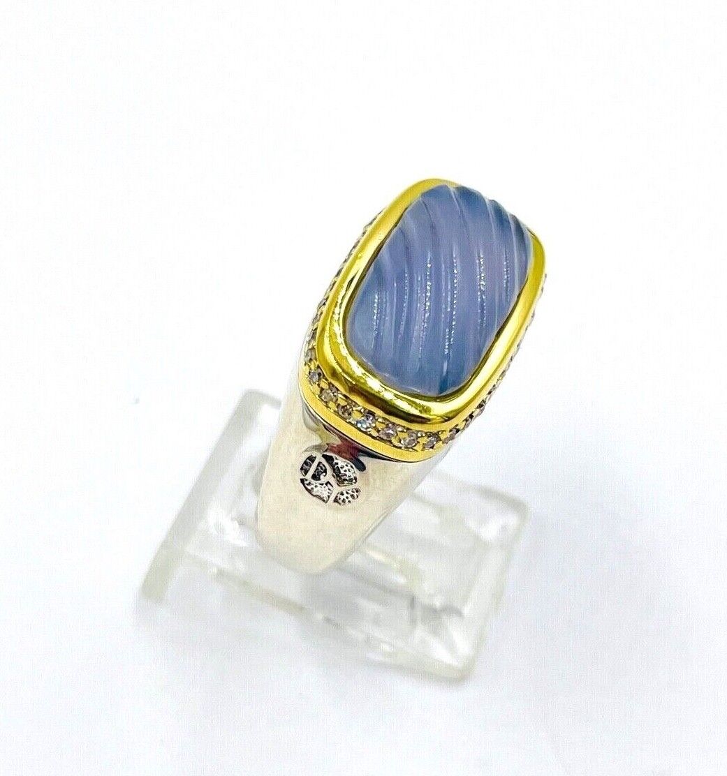 DAVID YURMAN 750 18k Gold 925 Sterling Silver Chervon Chalcedony Diamond Ring