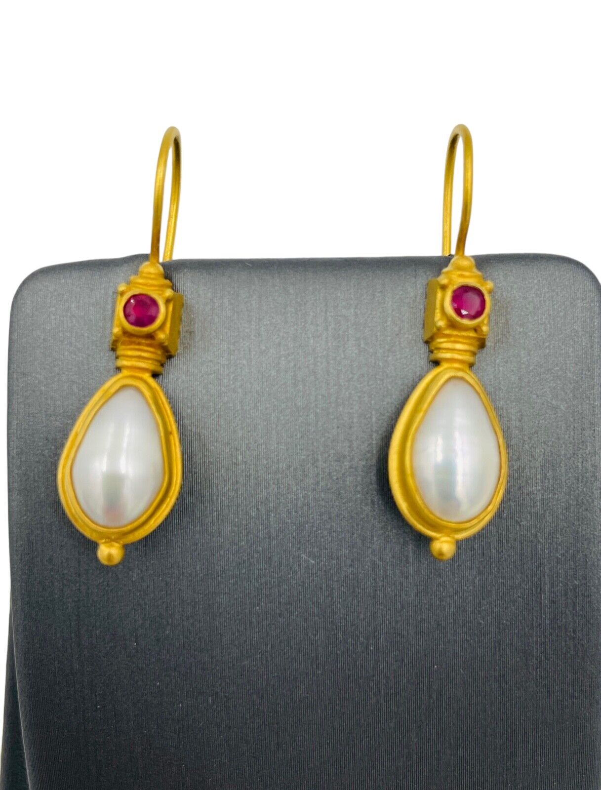 Greece 18k Yellow Gold Ruby and Pearl Etruscan Style Earrings