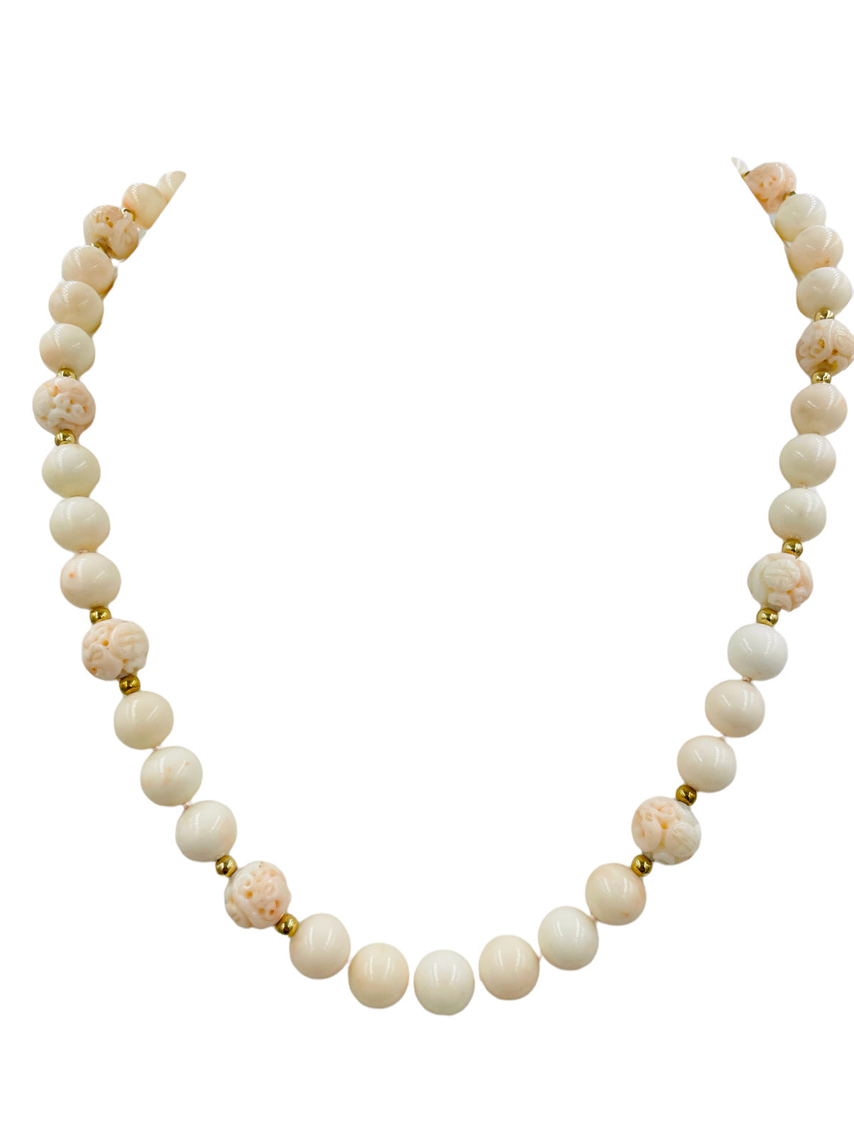 Estate Angel Skin Coral Carved Bead Strand Necklace 14k gold Ball clasp 24"