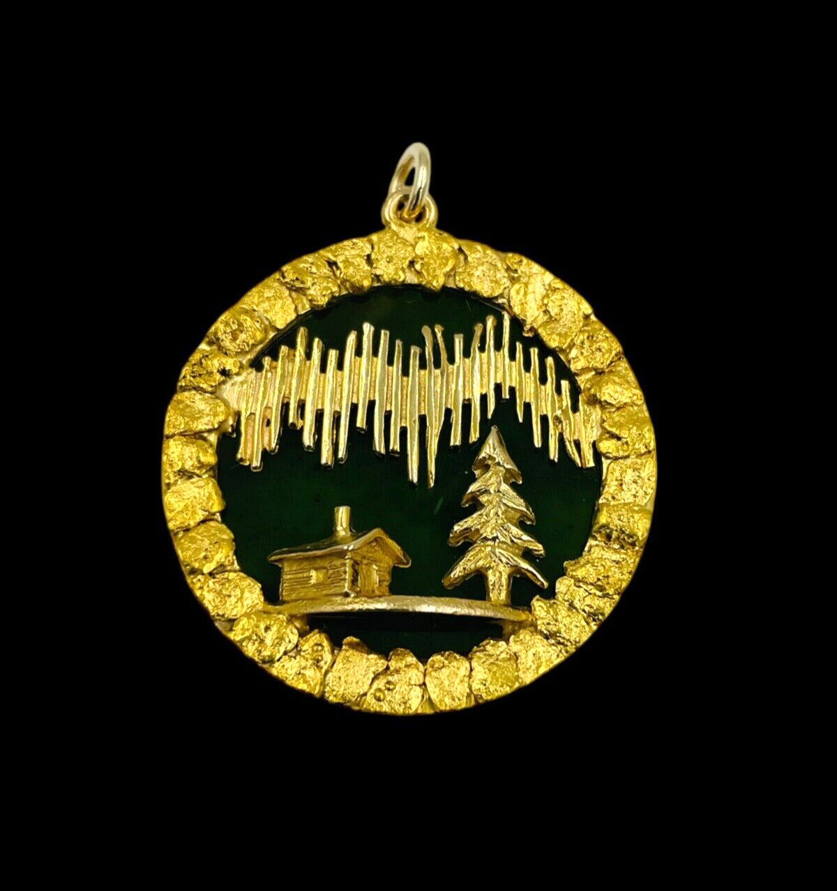 10k Yellow Gold Natural Jade Alaskan Gold Nugget Cabin Pendant Necklace