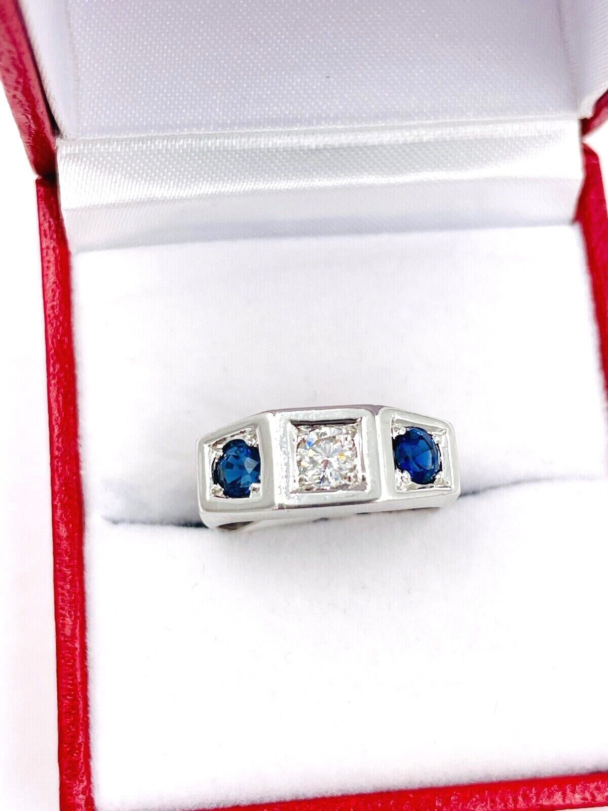 Art Deco Diamond Sapphire White Gold Three Stone Ring